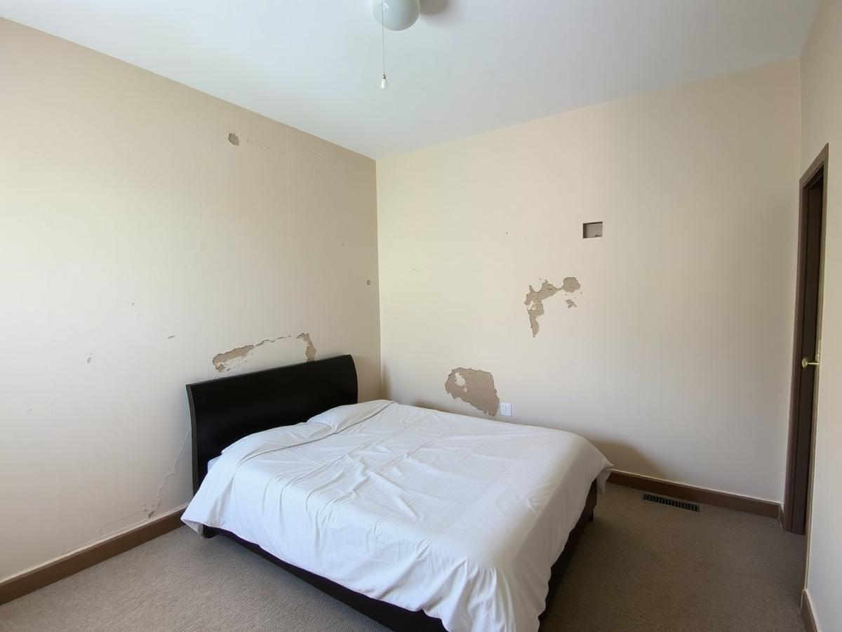 Chambre aux murs abîmés et marqués avant mise en peinture à Aubessagne