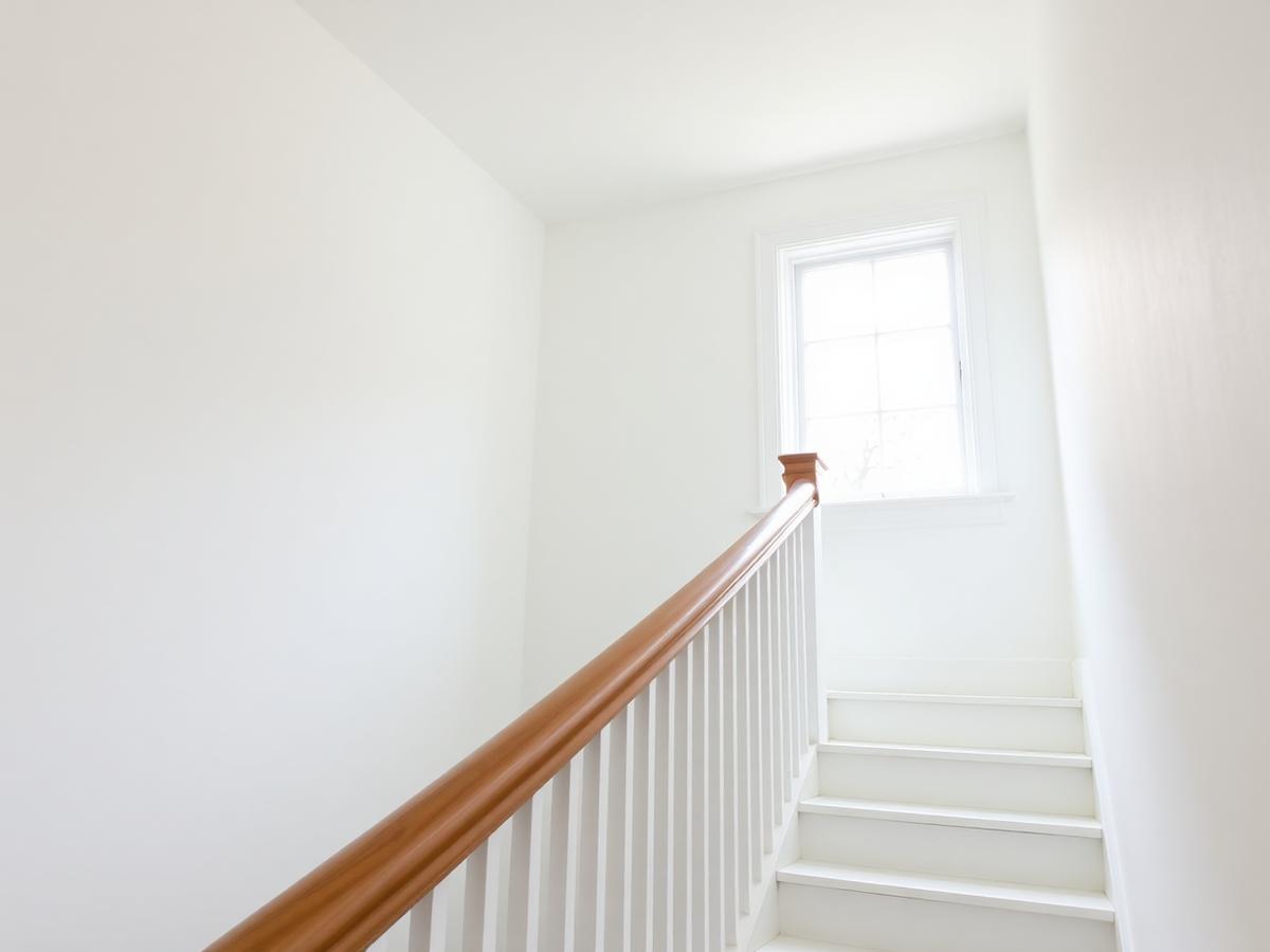 Cage d'escalier lumineuse repeinte en blanc avec garde-corps rénové à Aubessagne