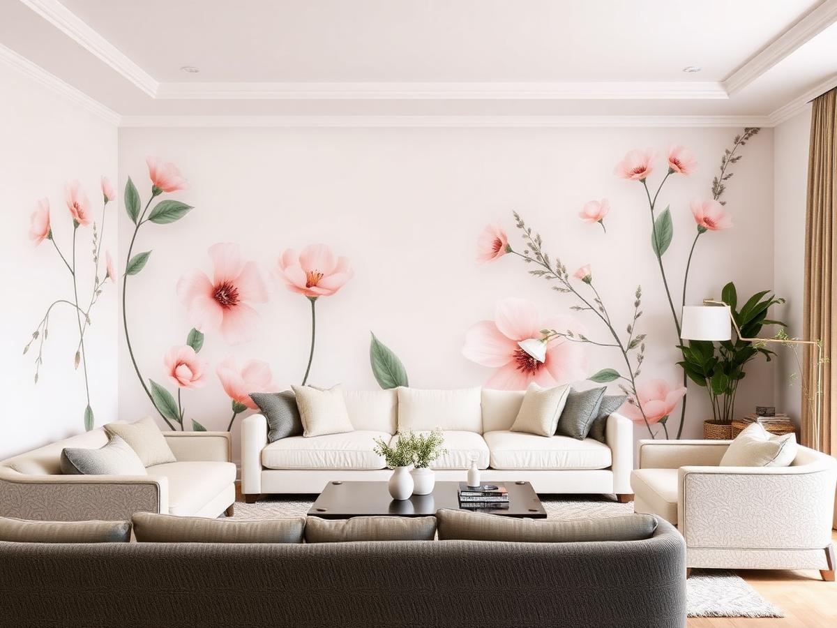 Pose d'un papier peint panoramique floral dans un salon à Aubessagne